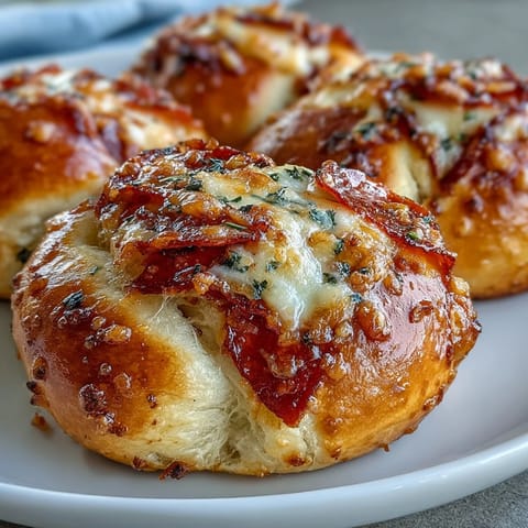 Freshly baked Pizza Roll Stuffed Garlic Knots, golden brown with melted mozzarella and pepperoni peeking out.