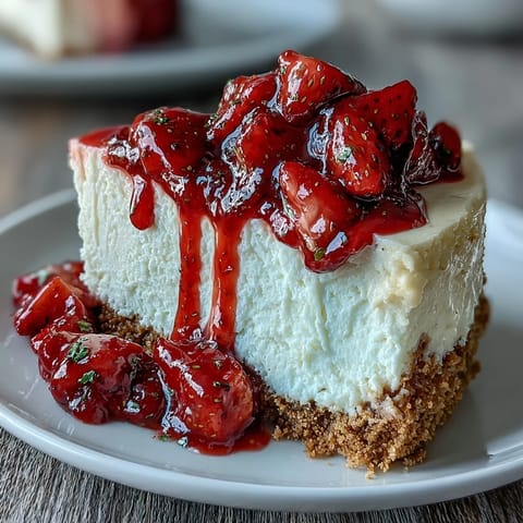 No-bake strawberry cheesecake with a golden graham cracker crust and glossy strawberry sauce. Creamy, rich filling layered with fresh berries for a refreshing summer dessert.