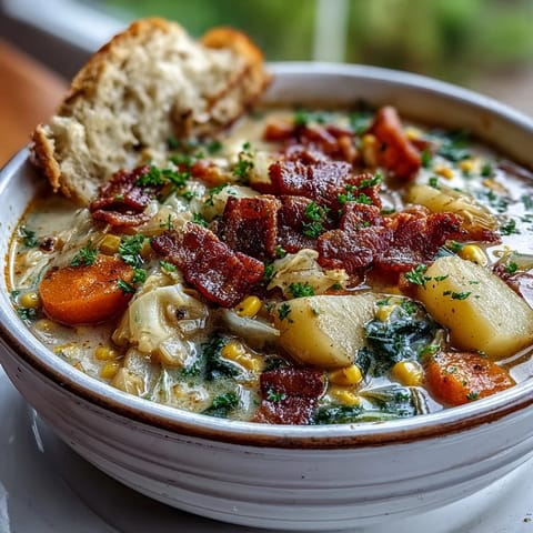 Creamy Cabbage Corn Chowder with crispy bacon and fresh parsley, served in a rustic bowl for a comforting meal.  