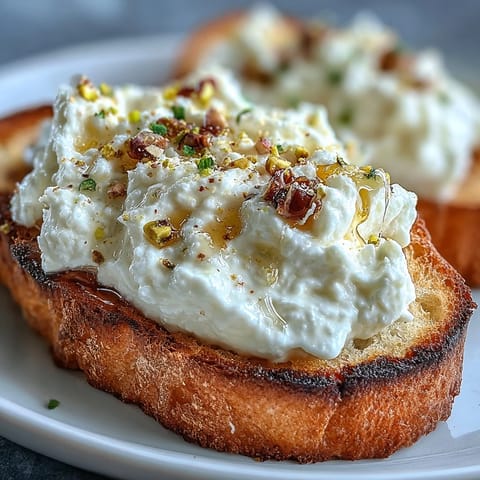 Creamy whipped ricotta spread over toasted bread, finished with honey, pistachios, and lemon zest for a gourmet bite.
