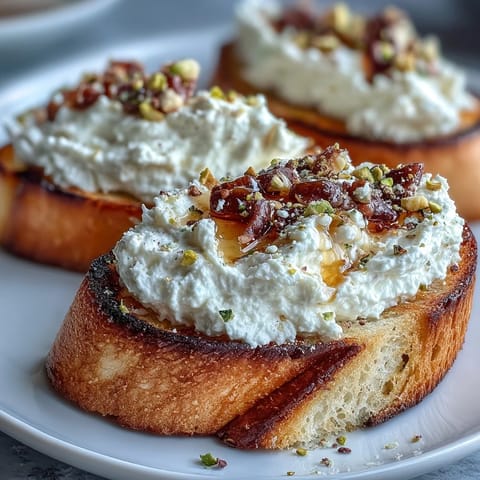 Golden bruschetta slices topped with airy whipped ricotta, drizzled honey, and crunchy pistachios for a sweet-savory appetizer.