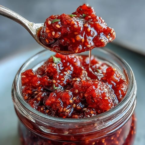 Vibrant raspberry lemon chia jam in a glass jar, showcasing bright red color with visible chia seeds and fresh lemon zest.