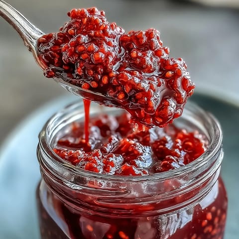 Close-up of homemade raspberry lemon chia jam spread on warm toast, highlighting glossy texture and fresh berry chunks.