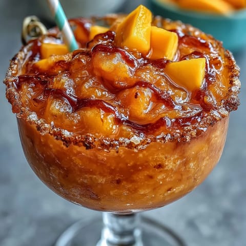 A refreshing frozen Mexican chamoyada beckons with spicy-sweet rim and mango chunks.