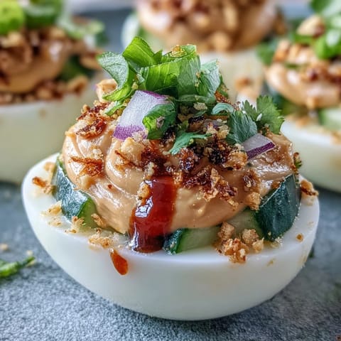 Thai Peanut Deviled Eggs topped with vibrant, fresh cucumber relish.