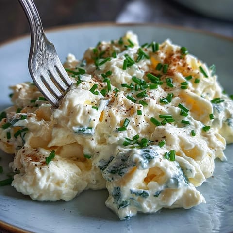 Creamy, high-protein cottage cheese scrambled eggs enjoyed warm for brunch.