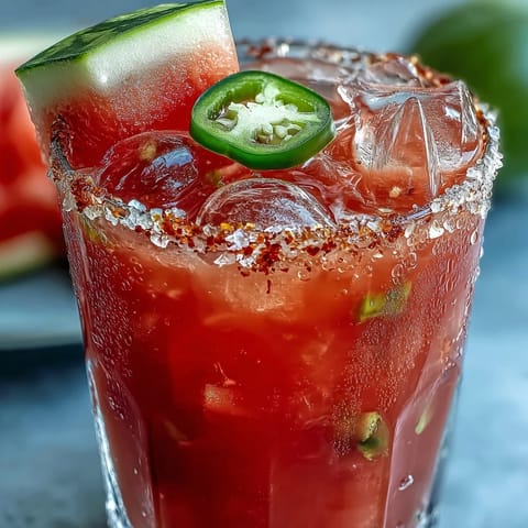 A close-up of a festive, chilled Watermelon Jalapeño Margarita Mocktail, ready to be sipped.