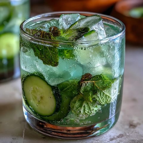 Cooling cucumber mint agua fresca, blended with lime and ice, ready for serving.
