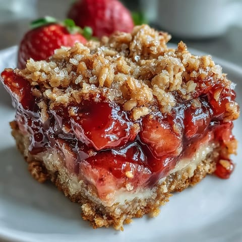 Golden baked Strawberry Rhubarb Crumble Bars with juicy fruit topping.