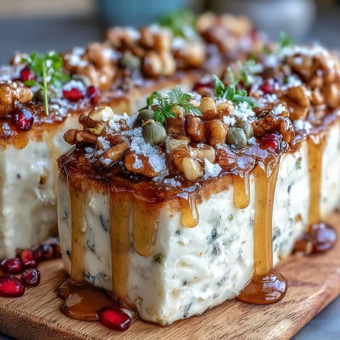 Whipped butter spread with fresh herbs, honey, and pomegranate seeds served on a wooden board with toasted baguette slices and crackers.