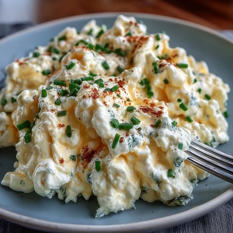 Fluffy protein-packed cottage cheese scrambled eggs plated with fresh chives.