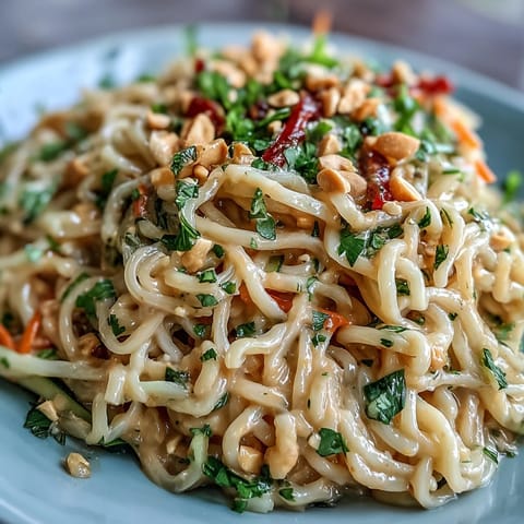 A colorful Thai peanut noodle salad with fresh vegetables, herbs, and creamy lime-peanut dressing in a white bowl.  