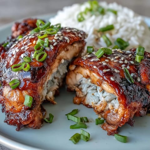 Oven-baked chicken thighs in a sweet and savory soy glaze, served with green onions for a vibrant finish.
