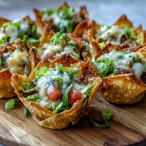 Golden mini taco cups with savory filling, perfect for easy appetizers.