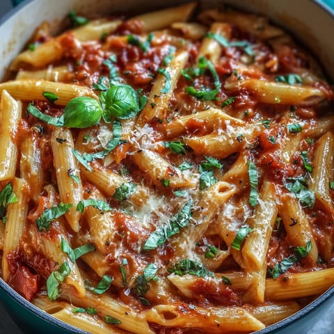 Creamy tomato basil pasta, a comforting one-pot meal, bubbling with fresh basil.