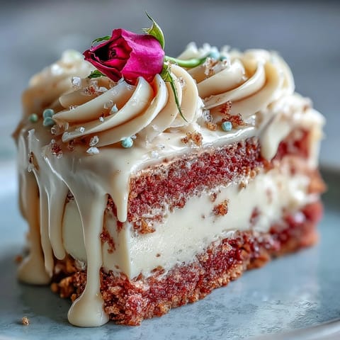 Elegant pink rosé velvet cake with a decadent gold drip, ready for a shower.