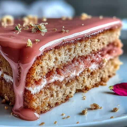Pink velvet cake with rosé, topped with a luxurious gold drip, perfect for celebrations.