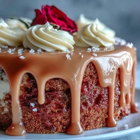 Elegant Bridal Shower Rosé Velvet Cake with glistening gold drip.