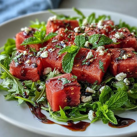 Vibrant watermelon feta arugula salad with balsamic reduction, a perfect summer bite.