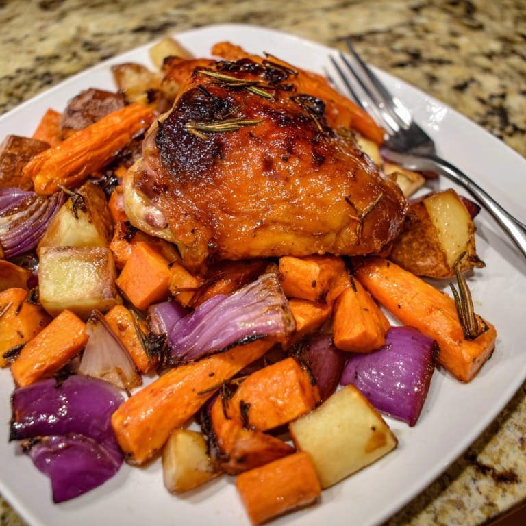 Close-up of Honey-Glazed Chicken with Roasted Root Vegetables, beautifully browned and garnished with rosemary.