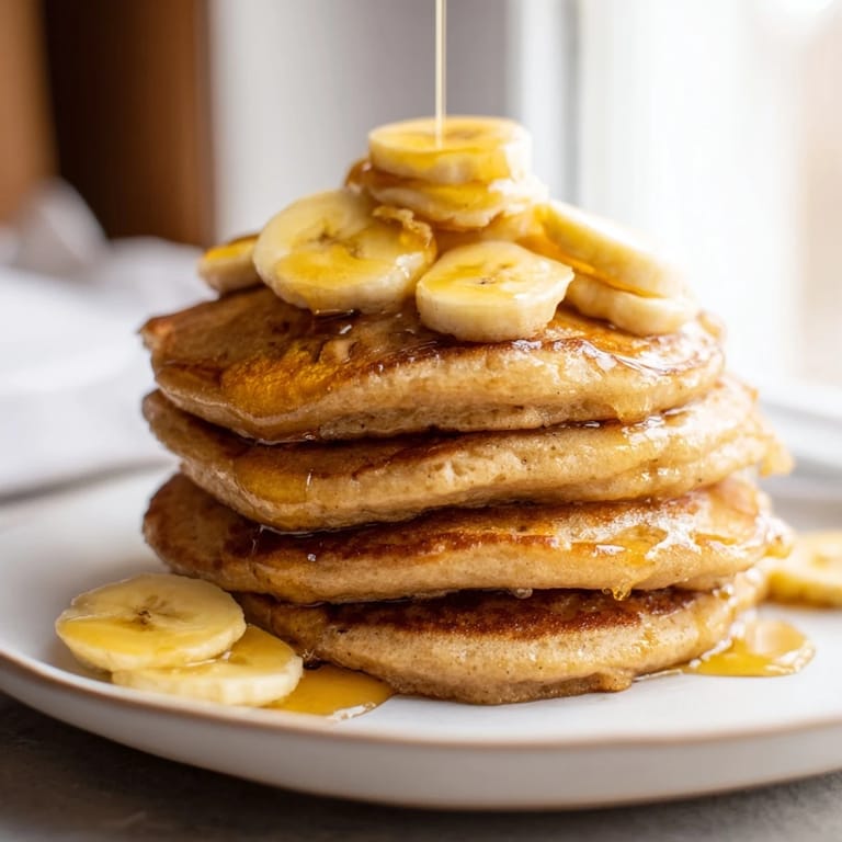 Fluffy weekend golden-brunch banana pancakes ready to eat with sliced banana and a pool of syrup.