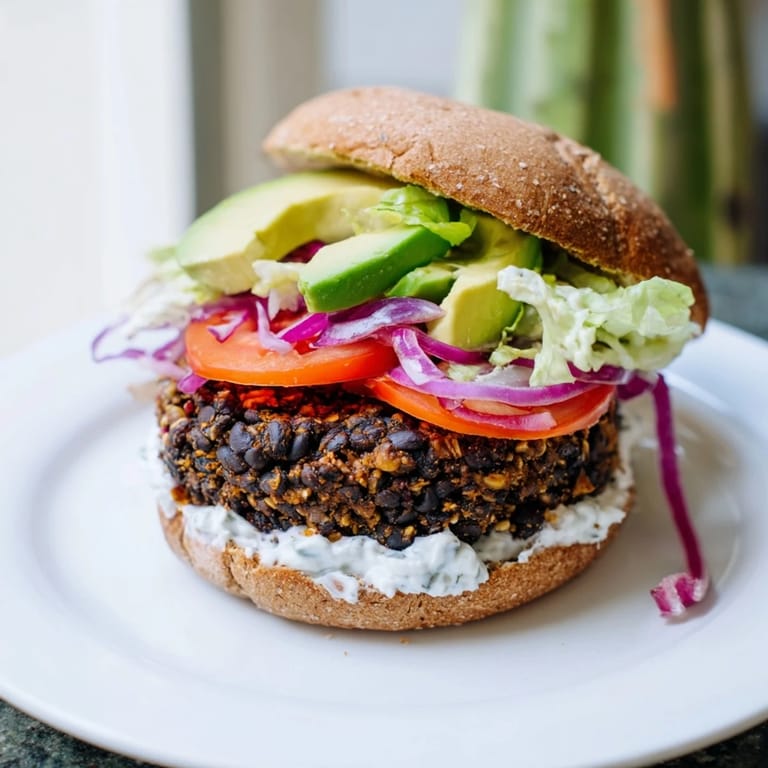 Golden-brown Zesty Weeknight Black Bean Burgers, served on toasted buns with a flavorful yogurt sauce.