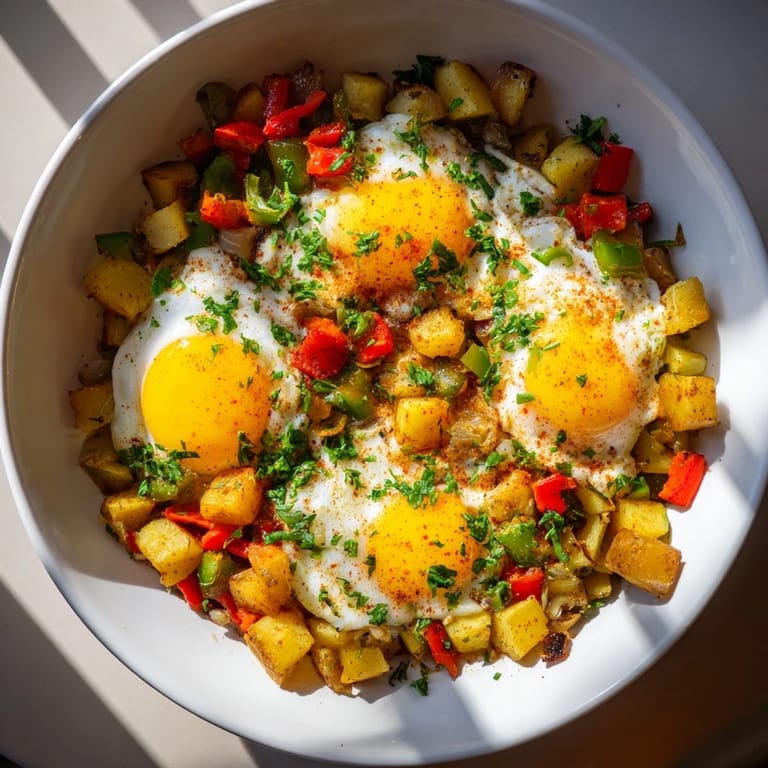 Freshly cooked Simple Skillet Egg and Potato Hash, with vibrant bell peppers and savory, seasoned potatoes.