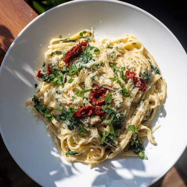 A steaming bowl of One-Pot Creamy Tuscan Garlic Herb Pasta, garnished with fresh herbs and Parmesan cheese.