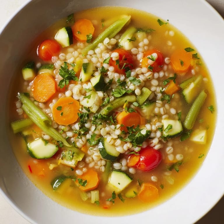 Rustic serving of Simple Homemade Grain and Vegetable Soup, warm, with parsley garnish and lemon brightens it.
