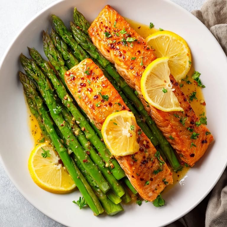 A close-up of seared Skillet Lemon-Butter Salmon with perfectly cooked asparagus, ready to be enjoyed.