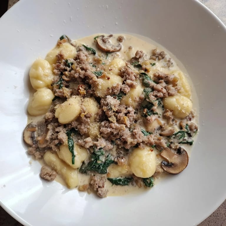 Golden brown sausage and tender gnocchi highlight this Woodsy Skillet Sausage and Mushroom Gnocchi dinner recipe.