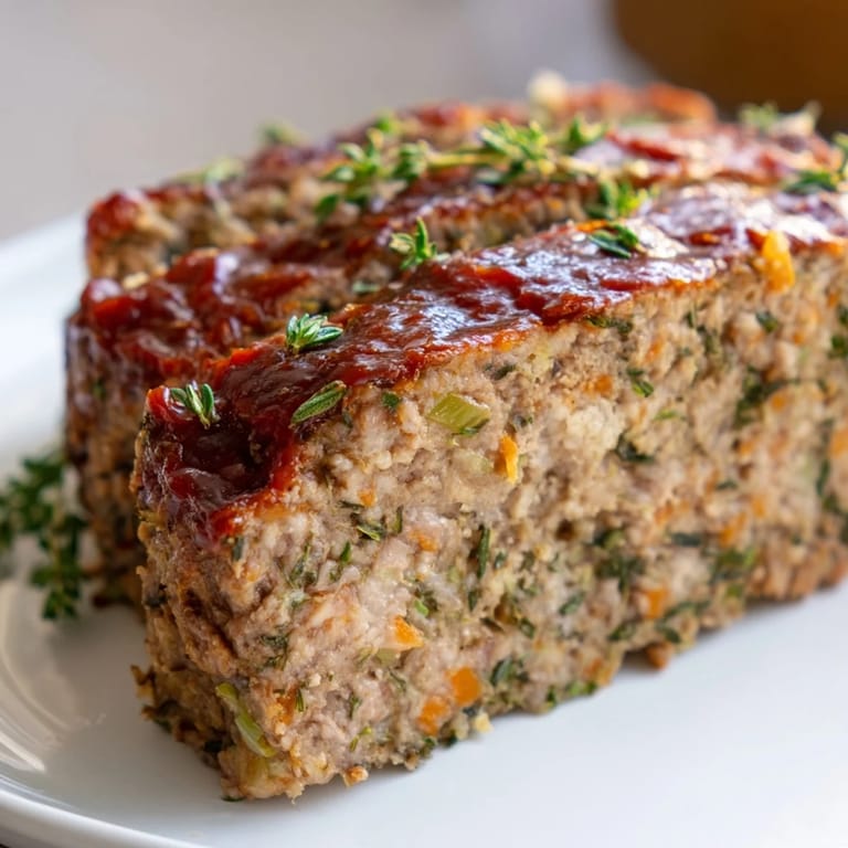 Savory Everyday Herb-Sprigged Turkey Meatloaf, baked in a loaf pan, ready for slicing and serving.
