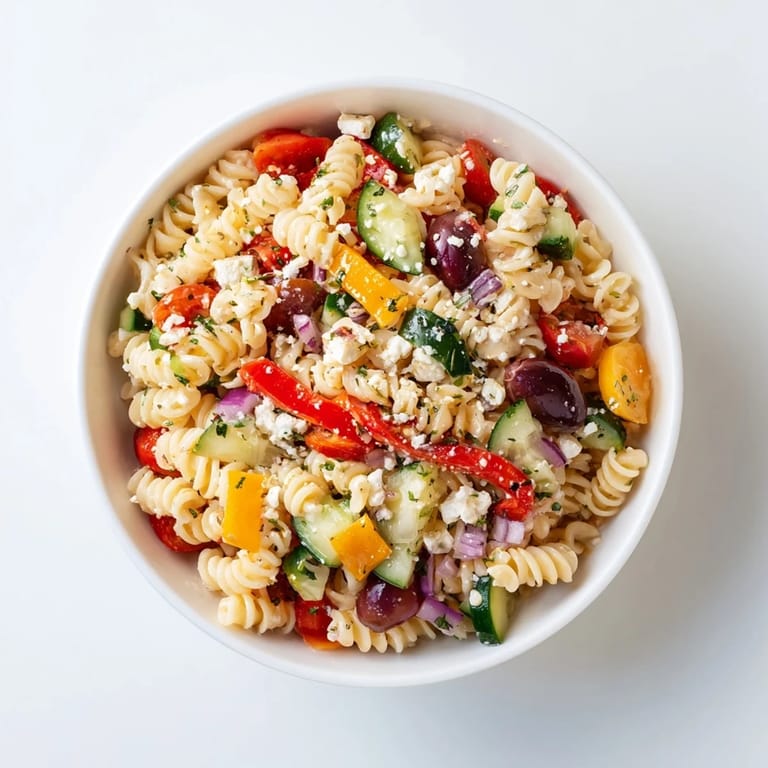 This Mediterranean Olive Oil and Feta Pasta Salad features tender pasta, vibrant tomatoes, and a bright dressing.