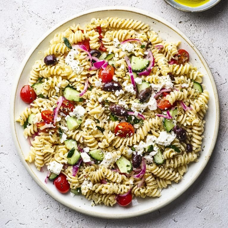Enjoy a refreshing taste of Mediterranean Olive Oil and Feta Pasta Salad, garnished with fresh herbs and olives.