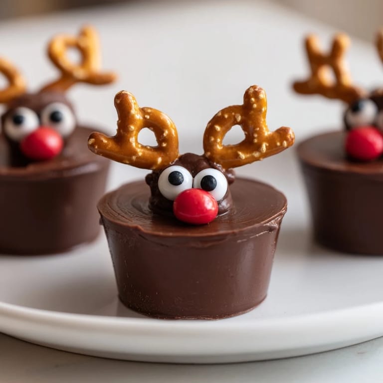 Decorated chocolate reindeer pudding cups surrounded by treats; a delightful and easy dessert arrangement.