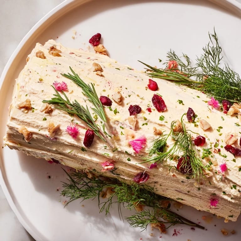 A decadent Yuletide Log Cheese Centerpiece, beautifully decorated with herbs, nuts and berries, ready to serve this holiday.