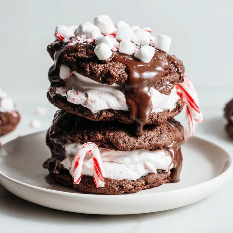 Warm, inviting image of a stacked hot cocoa mug cookie creation with a snowy marshmallow topping.