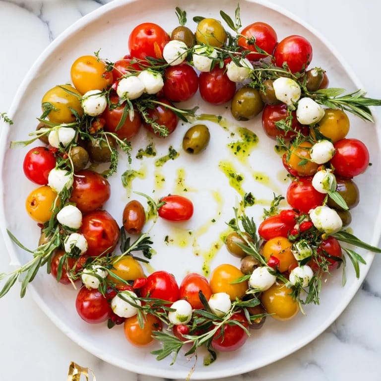 Festive Appetizer Wreath presentation: close-up of fresh cherry tomatoes and green olives arranged beautifully.