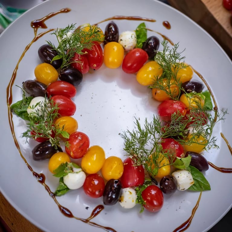 Beautiful Appetizer Wreath ring featuring olives, mozzarella and basil, a perfect dish for holidays.