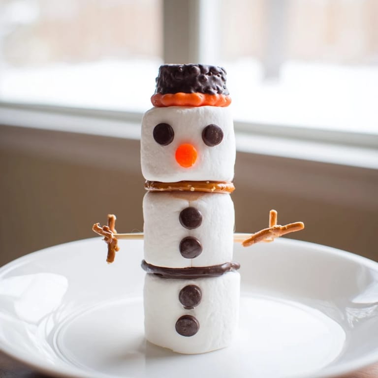 See these fun Marshmallow Snowman Stick creations: three marshmallows on a stick make a sweet dessert.