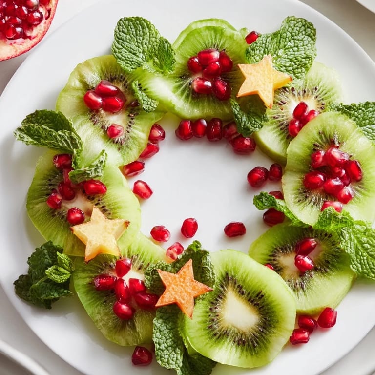A colorful Christmas wreath fruit plate, featuring kiwi and pomegranate, makes a delicious vegan dessert.