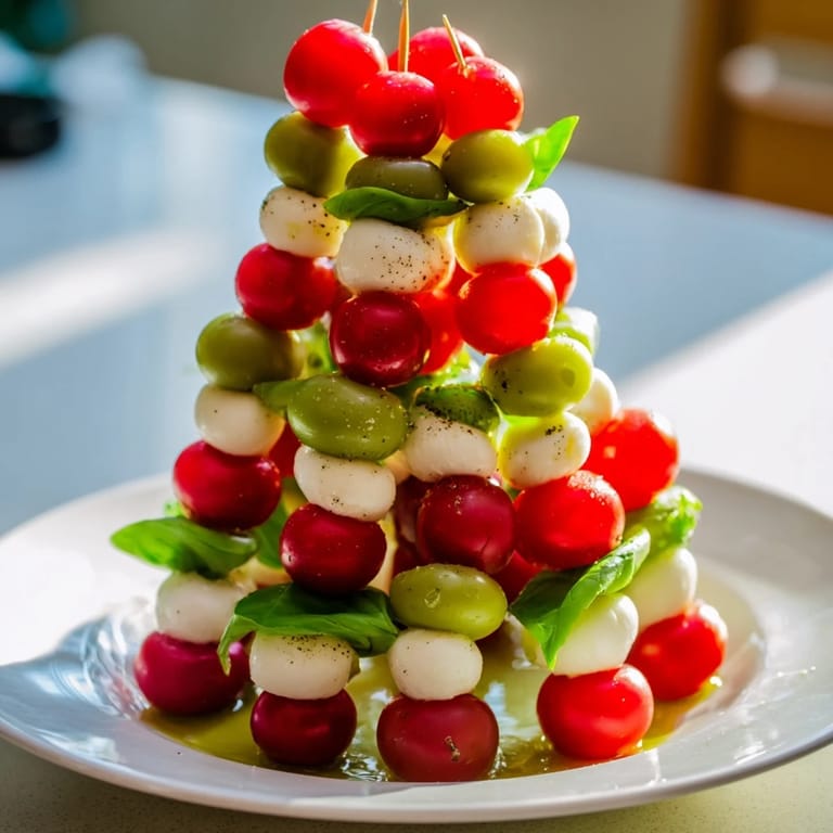 Delicious and colorful, this Caprese Skewer Tree features vibrant cherry tomatoes, ready to serve and enjoy.
