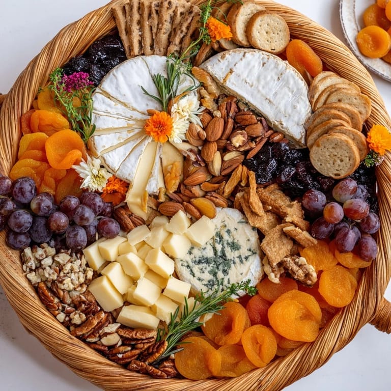 This appetizing Autumn Harvest Horn of Plenty appetizer features a visual feast of fruit, nuts, and cheeses.