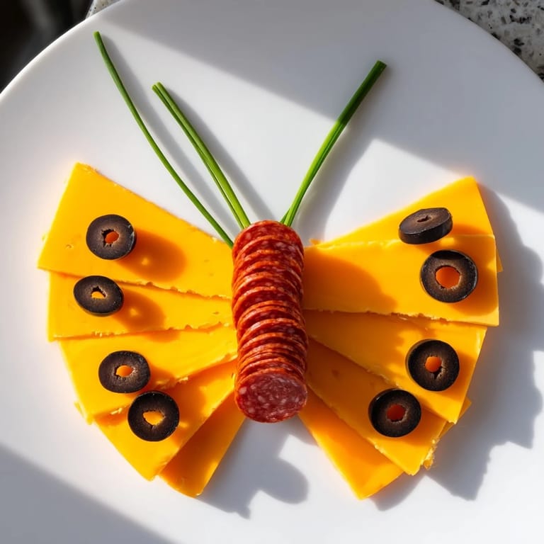 Enjoy a colorful Butterfly Migration platter, featuring black olive details atop cheesy butterfly wings.