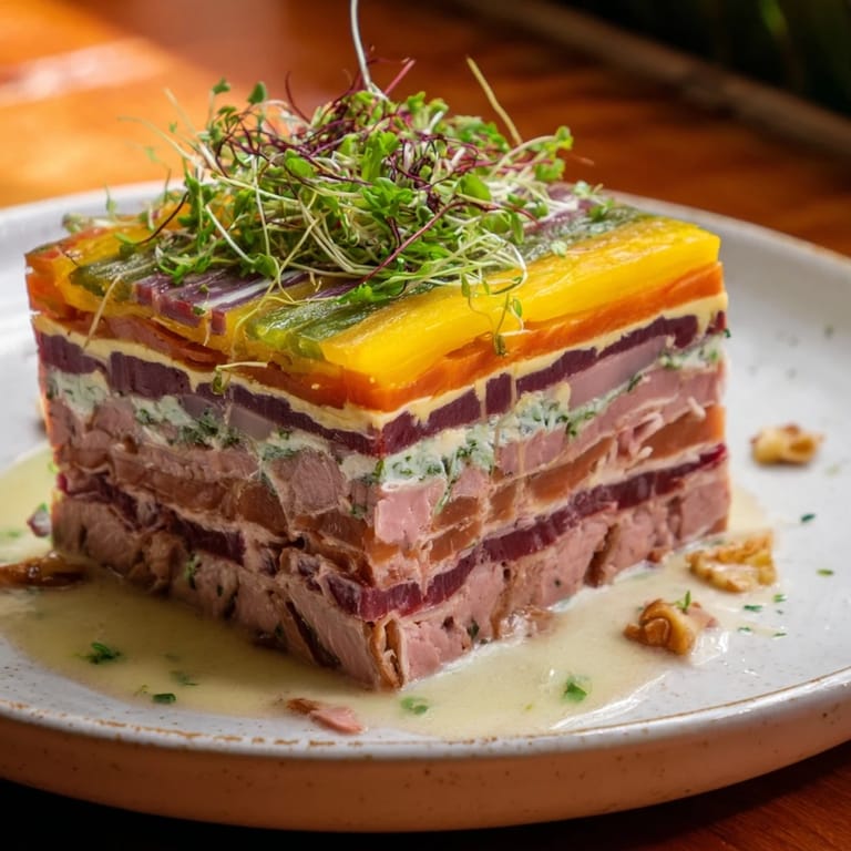 The Grand Canyon Rim terrine's cross-section showcases vibrant meat and blue cheese layers, perfect for a feast.