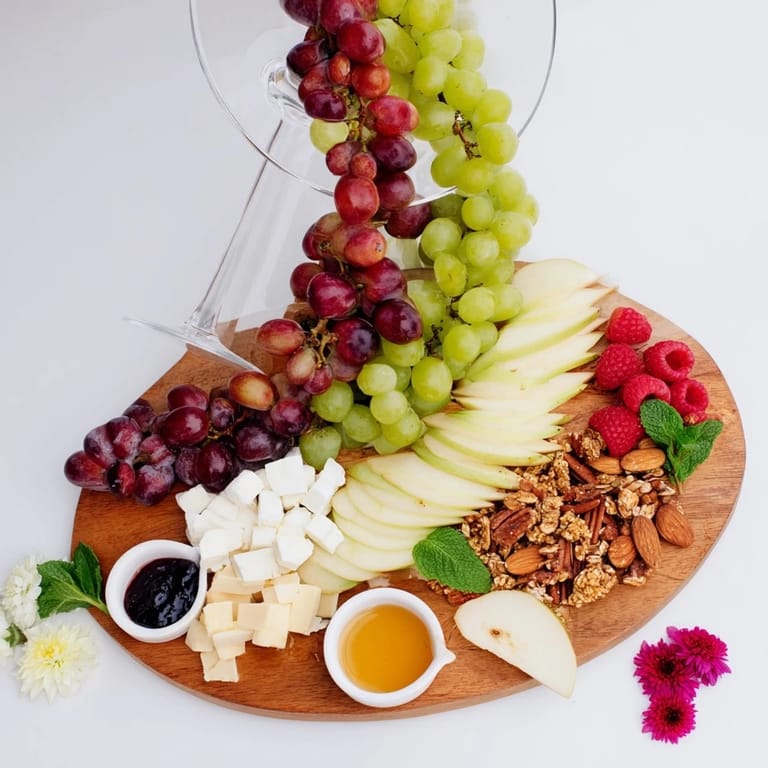 Visually stunning Champagne Waterfall Board, featuring cascading fruit and cheeses, perfect for celebrations.