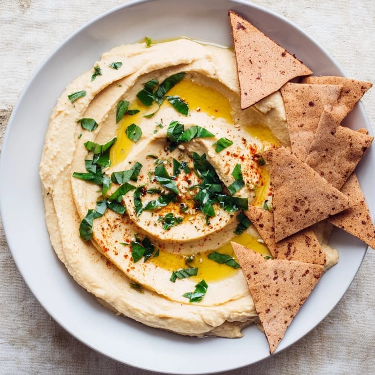 Appetizing view of a "Sahara Dune" appetizer: creamy hummus dunes and paprika-dusted pita chips.