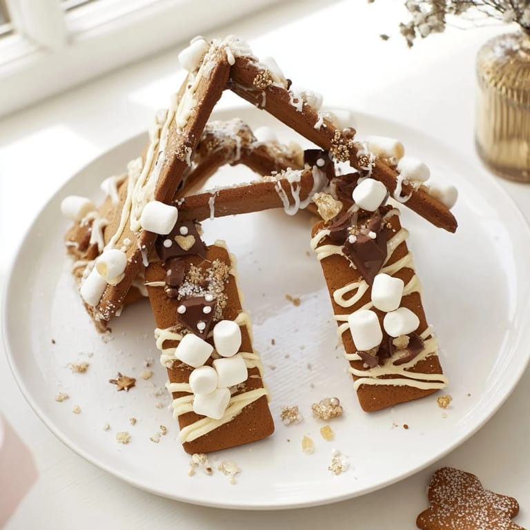 A beautifully decorated gingerbread house frame, arranged with treats, creates a delicious, festive dessert scene.
