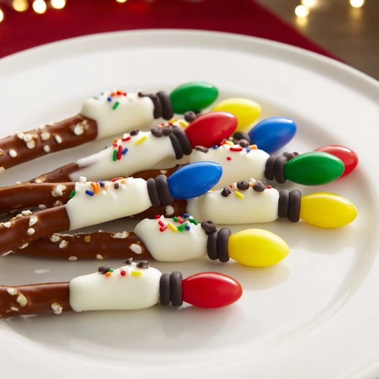 Vibrant pretzel sticks and dip Christmas lights: imagine these sweet, bite-sized snacks ready for your Christmas party!