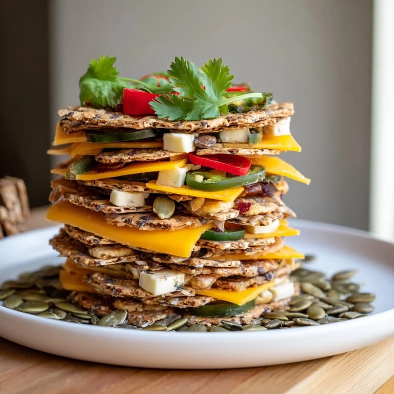 Delicious Southwestern Mesa appetizer shows cheese and cracker towers garnished with colorful peppers, cilantro, and jalapeños.